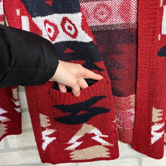 Red Blue Aztec Knit Long Cardigan Sweater with Pockets - Picture 2 of 5